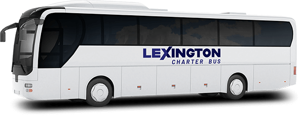 a plain white charter bus with a lexington charter bus logo on it